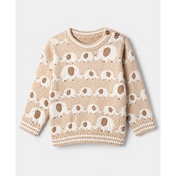 Babyhug Cotton Sweater Set with Cap and Full Sleeves with Stripes & Elephant Cable Knit Design - Ivory