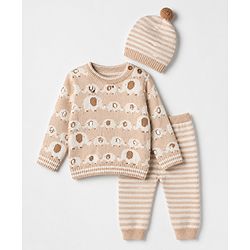 Babyhug Cotton Sweater Set with Cap and Full Sleeves with Stripes & Elephant Cable Knit Design - Ivory