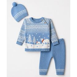 Babyhug Cotton Knit Full Sleeves Sweater Sets with Polar Bear Design and Cap - Blue