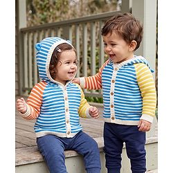 Babyhug Cotton Knit Front Open Sweater with Full Sleeves, Raglan Sleeves and Striped Print in Light/Sky Blue for 3-6 Months