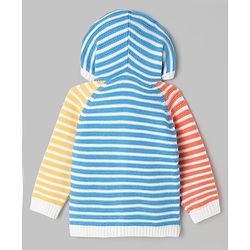 Babyhug Cotton Knit Front Open Sweater with Full Sleeves, Raglan Sleeves and Striped Print in Light/Sky Blue for 3-6 Months