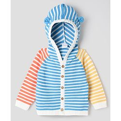 Babyhug Cotton Knit Front Open Sweater with Full Sleeves, Raglan Sleeves and Striped Print in Light/Sky Blue for 3-6 Months