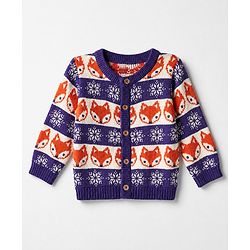 Babyhug 100% Cotton Knit Full Sleeves Sweater Set with Cap & Fox Design - Purple