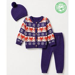Babyhug 100% Cotton Knit Full Sleeves Sweater Set with Cap & Fox Design - Purple