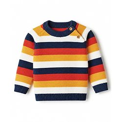 Babyhug 100% Cotton Knit Full Sleeves Striped Sweater Set with Cap - Navy Blue
