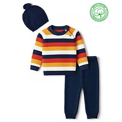 Babyhug 100% Cotton Knit Full Sleeves Striped Sweater Set with Cap - Navy Blue