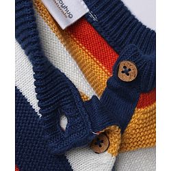 Babyhug 100% Cotton Knit Full Sleeves Striped Sweater Set with Cap - Navy Blue