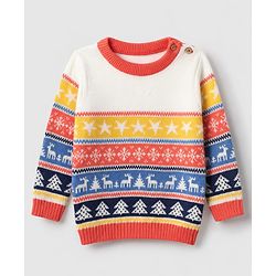 Babyhug 100% Cotton Knit Full Sleeves Sweater Set with Cap & Snow Dear Design - White