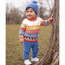 Babyhug 100% Cotton Knit Full Sleeves Sweater Set with Cap & Snow Dear Design - White