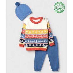 Babyhug 100% Cotton Knit Full Sleeves Sweater Set with Cap & Snow Dear Design - White