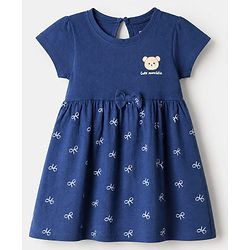 Babyhug Single Jersey Knit Frock and Bloomer with Half Sleeves and Bear Print in Navy Blue for New born