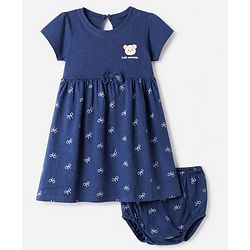 Babyhug Single Jersey Knit Frock and Bloomer with Half Sleeves and Bear Print in Navy Blue for New born