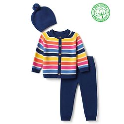 Babyhug 100% Cotton Knit Full Sleeves Striped Sweater Set with Cap - Navy Blue