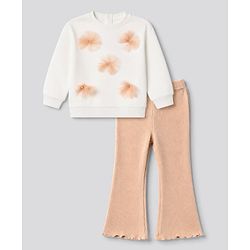 Babyhug 100% Cotton Single Jersey Knit Full Sleeves Top & Pants With Floral Applique - Cream & Peach