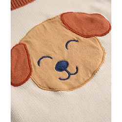 Babyhug Cotton Knit Full Sleeves Sweater and Pant Set with Cap and Dog Patch - White