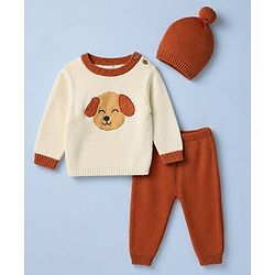 Babyhug Cotton Knit Full Sleeves Sweater and Pant Set with Cap and Dog Patch - White