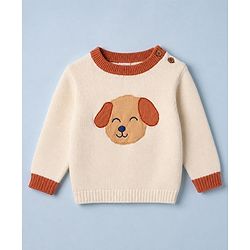 Babyhug Cotton Knit Full Sleeves Sweater and Pant Set with Cap and Dog Patch - White