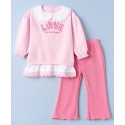 Babyhug 100% Cotton Single Jersey Knit Full Sleeves Top & Leggings Set With Text Print - Pink