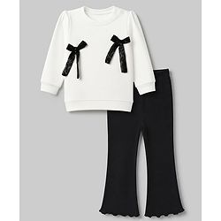 Babyhug 100% Cotton Single Jersey Knit Full Sleeves Top & Pants With Sequin Detailing Bow - White & Black