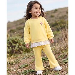 Babyhug 100% Cotton Single Jersey Knit Full Sleeves Top and Legging Set with Lace Details and Floral Embroidery - Yellow