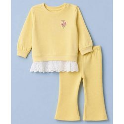 Babyhug 100% Cotton Single Jersey Knit Full Sleeves Top and Legging Set with Lace Details and Floral Embroidery - Yellow