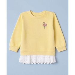 Babyhug 100% Cotton Single Jersey Knit Full Sleeves Top and Legging Set with Lace Details and Floral Embroidery - Yellow
