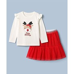 Babyhug Cotton Single Jersey Knit Full Sleeves Top and Skirt with Reindeer Embroidery - White