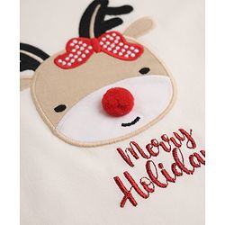 Babyhug Cotton Single Jersey Knit Full Sleeves Top and Skirt with Reindeer Embroidery - White