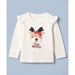 Babyhug Cotton Single Jersey Knit Full Sleeves Top and Skirt with Reindeer Embroidery - White