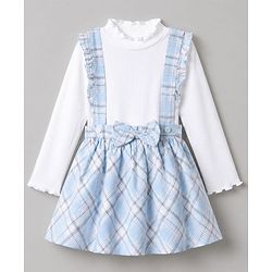 Babyhug 100% Cotton Single Jersey Knit Woven Full Sleeves Top & Checked Skirt Set With Bow - Light Blue