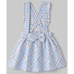 Babyhug 100% Cotton Single Jersey Knit Woven Full Sleeves Top & Checked Skirt Set With Bow - Light Blue