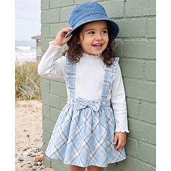 Babyhug 100% Cotton Single Jersey Knit Woven Full Sleeves Top & Checked Skirt Set With Bow - Light Blue