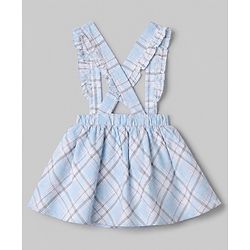 Babyhug 100% Cotton Single Jersey Knit Woven Full Sleeves Top & Checked Skirt Set With Bow - Light Blue
