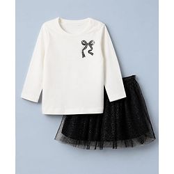 Babyhug 100% Cotton Single Jersey Knit Full Sleeves Top and Skirt Set with Bow Print in White