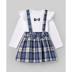 Babyhug 100% Cotton Single Jersey Knit Full Sleeves Top & Checked Skirt Set With Bow Applique - Blue & White