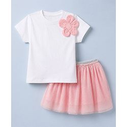 Babyhug 100% Cotton Knit Half Sleeves Top and Skirt Set With Floral Print - White