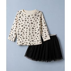 Babyhug Single Jersey Knit Full Sleeves Leopard Printed Top & Skirt Set - Cream