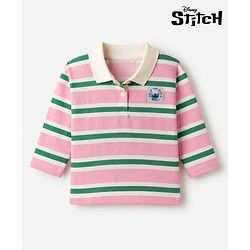 Babyhug Disney 100% Cotton Single Jersey Knit Full Sleeves Striped Polo T-Shirt With Lilo & Stitch Graphic - Pink