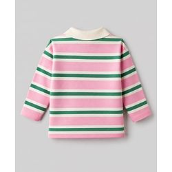 Babyhug Disney 100% Cotton Single Jersey Knit Full Sleeves Striped Polo T-Shirt With Lilo & Stitch Graphic - Pink