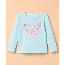 Babyhug 100% Cotton Knit T-Shirt with Full Sleeves and Butterfly Applique in Light/Sky Blue for 6-9 Months