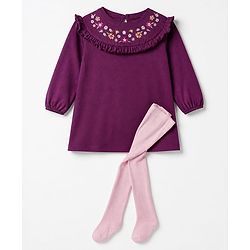 Babyhug Single Jersey Knit Full Sleeves Frock and Legging with Knee Length and Floral Embroidery in Maroon