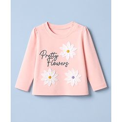 :Babyhug 100% Cotton Knit T-Shirt with Full Sleeve With Flower Applique - Peach