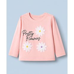 :Babyhug 100% Cotton Knit T-Shirt with Full Sleeve With Flower Applique - Peach