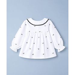 Babyhug 100% Cotton Poplin Woven Peter Pan Lace Collar Full Sleeves Top with Bow Print - White