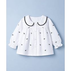Babyhug 100% Cotton Poplin Woven Peter Pan Lace Collar Full Sleeves Top with Bow Print - White