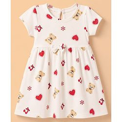 Babyhug Single Jersey Knit Half Sleeves Frocks with Printed Hearts and Bows Applique Pack of 2 - White & Navy Blue