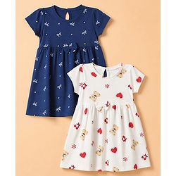 Babyhug Single Jersey Knit Half Sleeves Frocks with Printed Hearts and Bows Applique Pack of 2 - White & Navy Blue