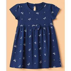 Babyhug Single Jersey Knit Half Sleeves Frocks with Printed Hearts and Bows Applique Pack of 2 - White & Navy Blue