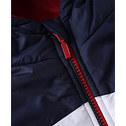 Babyhug Woven Padded/Quilted/ Winter Hooded Jacket with Sleeveless and Color Block Print in Navy Blue