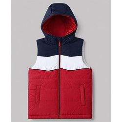 Babyhug Woven Padded/Quilted/ Winter Hooded Jacket with Sleeveless and Color Block Print in Navy Blue